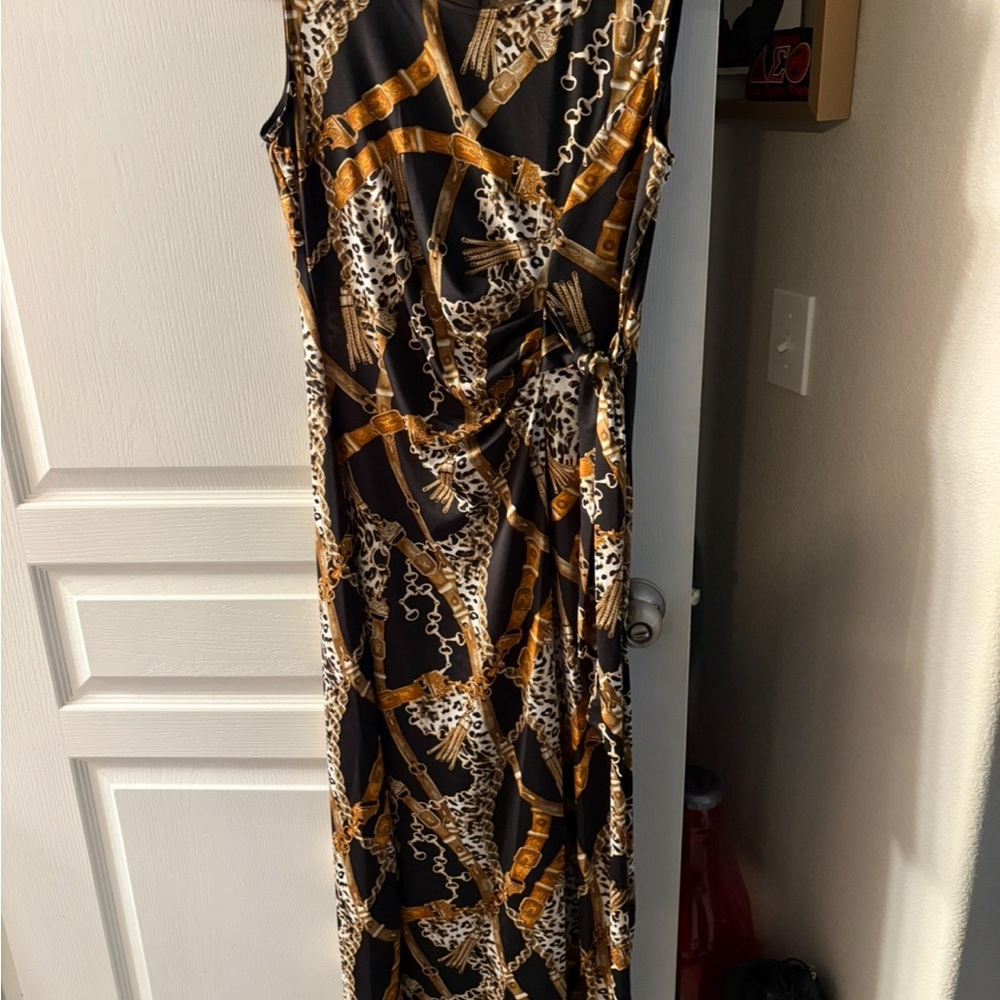 Elegant Black and Gold Women's Dress, Versace like print